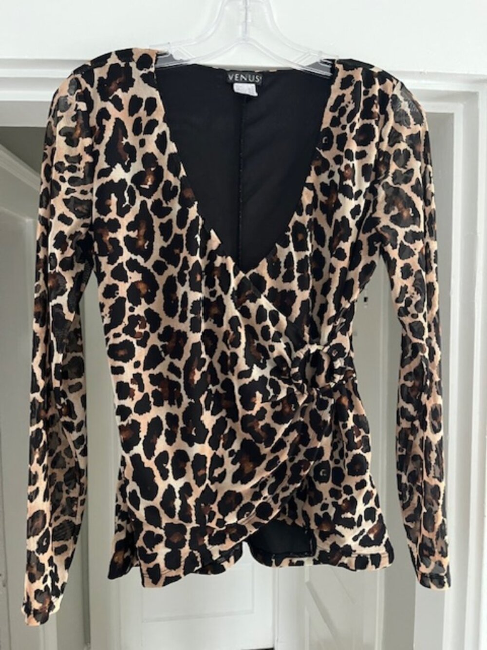 VENUS Leopard Print Ring‑Detail Faux Wrap Blouse – Size Medium